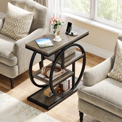 Tribesigns End Table for Living Room, 4-Tier Narrow Side Table with Storage Shelves, Industrial Bedside Table for Bedroom, Wood Small Sofa Side Table with Geometric Metal Frame (1 PC, Grey) - color: Grey