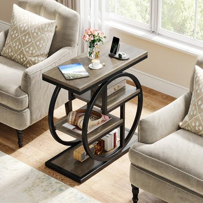 Tribesigns End Table for Living Room, 4-Tier Narrow Side Table with Storage Shelves, Industrial Bedside Table for Bedroom, Wood Small Sofa Side Table with Geometric Metal Frame (1 PC, Grey) - color: Grey