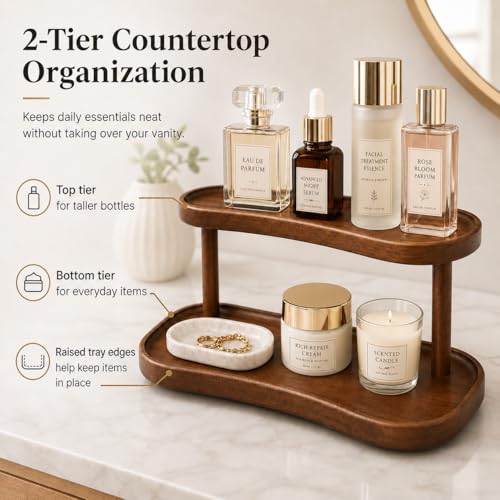 Adkoat® Two Tier Bathroom Desktop Countertop Organizer - Pine Wooden Perfume Vanity Stand Counter Shelf for Cologne Skincare Makeup Dresser Organizer - Matcha Station | Mug Display - 12.6 x 6.3 x 7.5