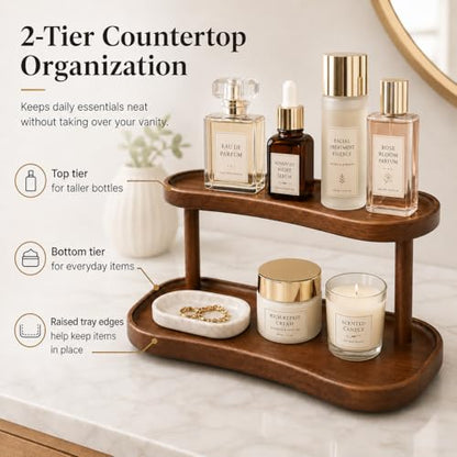 Adkoat® Two Tier Bathroom Desktop Countertop Organizer - Pine Wooden Perfume Vanity Stand Counter Shelf for Cologne Skincare Makeup Dresser Organizer - Matcha Station | Mug Display - 12.6 x 6.3 x 7.5