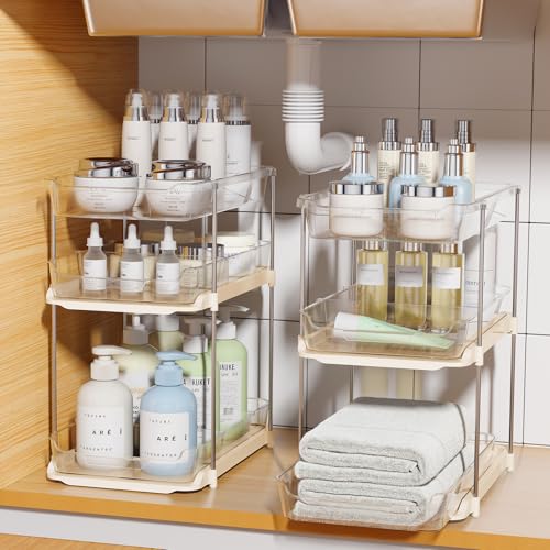 Delamu 2 Pack 3-Tier Bathroom Under Sink Organizers and Storage, Multi-Purpose Stackable Pantry Organization and Storage, Pull Out Clear Kitchen Bathroom Cabinet Organizer with Movable Dividers, Beige - color: Beige, size: 2 Pack 3-Tier