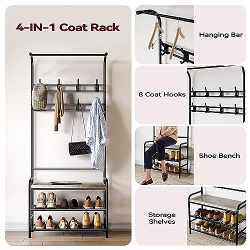 4-in-1 Hall Tree with Shoe Storage Bench, Narrow Entryway Coat Rack and Shoe Bench, Mudroom Shelves with 8 Hooks, Hanging Bar, Gray