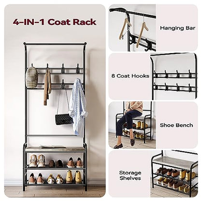 4-in-1 Hall Tree with Shoe Storage Bench, Narrow Entryway Coat Rack and Shoe Bench, Mudroom Shelves with 8 Hooks, Hanging Bar, Gray