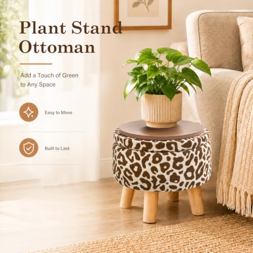 Wimarsbon Storage Ottoman, Modern Round Footrest with Soft Padded Seat, Pattern Velvet Footstool with Wood Legs, Accent Small Table or Plant Stand for Hallway, Living Room (Khaki) - color: Khaki