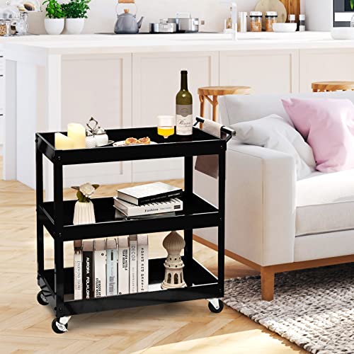 3 Tier Rolling Cart, Utility Cart on Wheels with 330lbs Load Capacity & Ergonomic Handle, Tool Cart Organizer Service Carts for Garage, Office, Library, Workshop (Black) - size: 2.5" Wheels