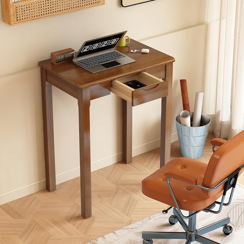 100% Solid Wood 24 x 16 in Small Desk with Drawers | Mid Century Modern Desk Vintage Small Writing Wooden Desks for Small Spaces Bedroom, Living Room, Office - color: Walnut, size: 23.6" x 15.7"