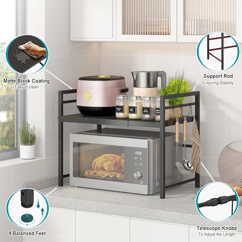 DOLALIKE Microwave Oven Rack, Expandable Microwave Stand Countertop Kitchen Utensils Tableware Storage, Carbon Steel Over Microwave Shelf Countertop with 3 Hooks | Adjustable Microwave Oven Rack Metal Storage Shelf for Pans Small Appliances Kitchen Utensi