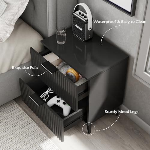 Black Fluted Nightstand Set of 2, Modern Night Stands with 2 Drawers | Bedside Table for Twin/Full/Queen Bed, End Table with Robot-friendly Metal Legs for Bedroom, Living Room - color: 2 Drawers-2pcs-black