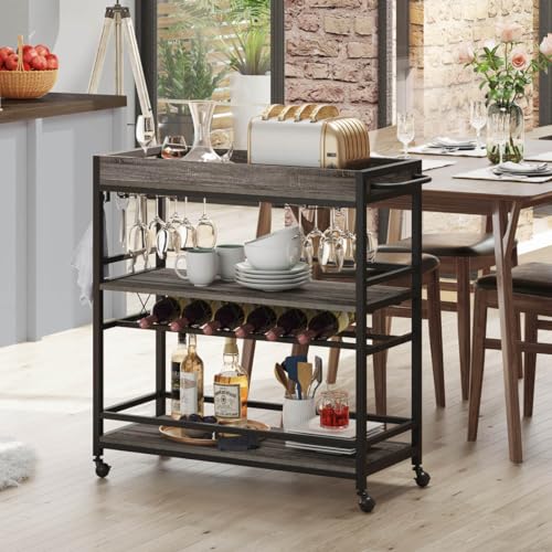 Bar Cart, Home Bar Serving Cart on Wheels, Mobile 3 Tier Liquor Beverage Carts with Wine Rack and Glass Holder (Grey Oak) - color: Grey Oak, size: 14.17"D x 37.01"W x 35.23"H