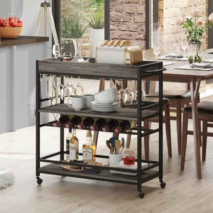 Bar Cart, Home Bar Serving Cart on Wheels, Mobile 3 Tier Liquor Beverage Carts with Wine Rack and Glass Holder (Grey Oak) - color: Grey Oak, size: 14.17"D x 37.01"W x 35.23"H