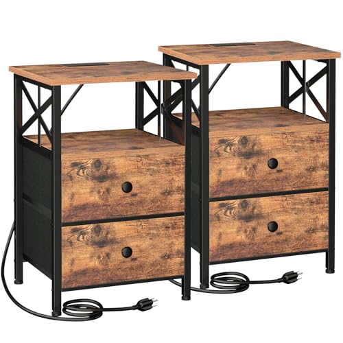 AMHANCIBLE Nightstands Set of 2, Large Night Stand with Charging Station | Bedside Table, 2 Fabric Drawers, End Side Tables Living Room, with Open Shelf, USB Ports Outlets, for Bedroom, Rustic Brown - color: Rustic Brown