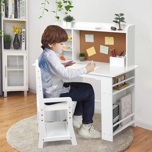 Garvee Kids Desk, Study Desk and Chair Set for Boys and Girl, Wooden Kids Writing Table with Bookshelf, Bulletin Board, and Cabinets for Ages 3-8 - color: Pure White, style: 2 Cabinets