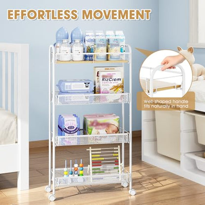 TOOLF 4-Tier Slim Rolling Cart, Metal Utility Cart, Slide Out Storage Cart with Wooden Tabletop and Mesh Baskets for Narrow Space on Kitchen Bathroom Laundry Room Bedroom Apartments Dormitory - size: Slim, style: White