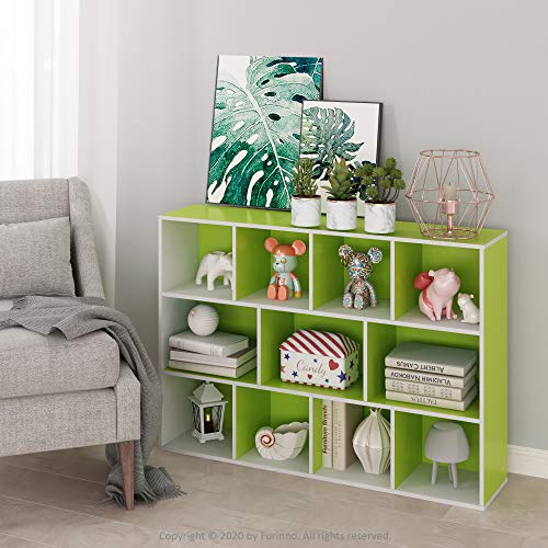 Furinno LUDER Book Shelf, 11-Cube Bookshelf, Reversible Bookcase, 9.4 x 29.1 x 41.7, Easy Assembly, for Living Room, Bedroom, Home Office, White/Green - color: White/Green, size: 11-Cube