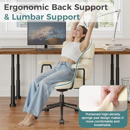 OLIXIS Ergonomic Home Office Desk Chair, PU Leather Computer Chair with Lumbar Support Adjustable Height Rolling Swivel Executive Task Armrests, Off-White - color: Off White