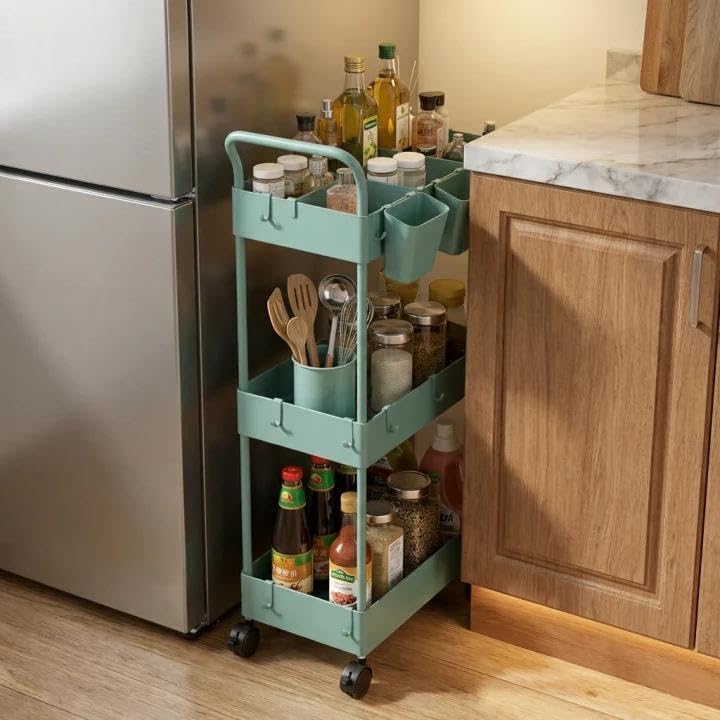 danpinera Storage Cart on Wheels, 3 Tier Bathroom Cart Organizer Slim Laundry Narrow Shelf with Wheels Dividers Hanging Cups Hooks Handle Easy Assembly, Green - style: 3 Tier Green