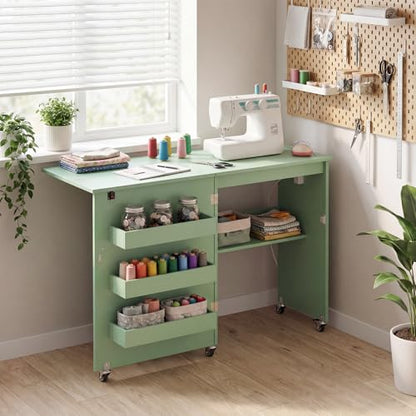 Giantex Folding Sewing Table with Charging Station, Storage Trays & Shelf | Rolling Craft Table with Lockable Wheels, Foldable Sewing Machine Cabinet Desk for Small Spaces, Dorms, Sage - color: Sage