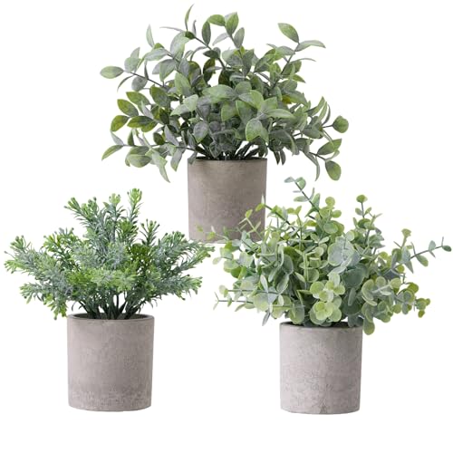 3 Pack Fake Plants Small Potted Artificial Realistic Eucalyptus | Sage Green Artificial Plants in Paper Pul Pot, Faux Greenery Perfect for Home Office Desk Bookshelf Countertop Boho Decor - color: Green