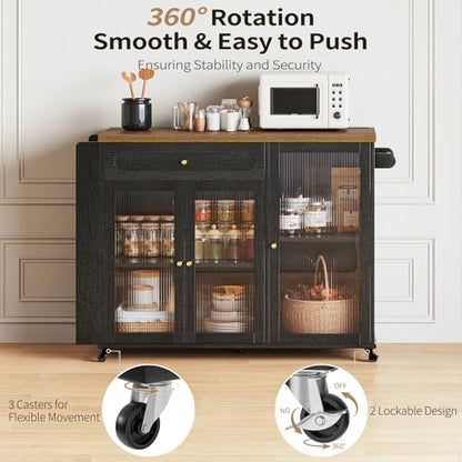 Kitchen Island with Power Outlet - Kitchen Cart on Wheels with Storage Cabinets & Drawers, Rolling Island Table with Spice & Towel Rack, Portable Islands with Large Wood Counter, Dinning Room - color: Black