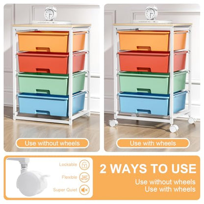 SYKIARIOL Rolling Cart with Drawers, 4-Drawer Utility Cart, Macaron | Storage Cart with 4 Drawers and Wooden Tabletop & Lockable Wheels for Home Office, Bedroom, Kids Room, Classroom,4 Tiers - color: Macaron