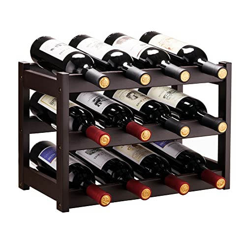 VASMIA Bamboo Wine Rack, Sturdy and Durable Wine Storage Cabinet Shelf, Wine Racks Countertop for Pantry,Kitchen,3-Tier 12 Bottles Wine Rack Brown - color: Brown, size: 3 Tiers
