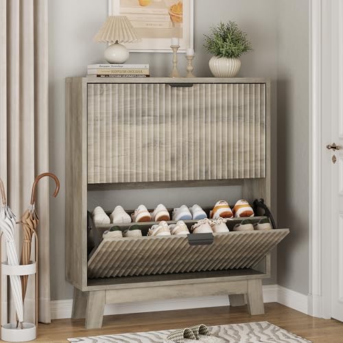 Xixini Shoe Cabinet with 2 Flip Drawers, 37" Tall Narrow Fluted Shoe Storage Organizer for Entryway, Hidden Slim Wooden Shoe Rack Cabinet for Front Door Entrance, Hallway, Living Room, Light Grey - color: Light Grey, size: 2 Flip Drawers