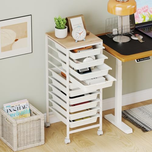 Rolling Cart with Drawers, 10 Drawer Rolling Storage Cart with Wooden Tabletop, Metal Frame & Lockable Wheels, Craft Organizers and Storage for Home Office Classroom (White, 10-Drawer Small) - color: White, size: 10 Drawer Small
