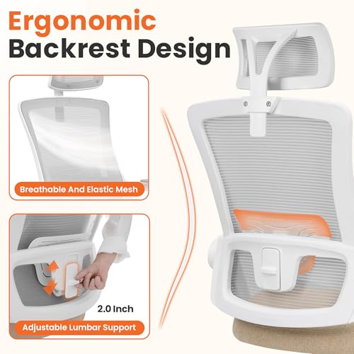 NEO CHAIR Office Desk Chair Gaming Computer High Back Support Mesh Comfy Seat with Adjustable Ergonomic Headrest Lumbar Rolling Flip-up Armrests and Wheels (Beige) - color: Beige