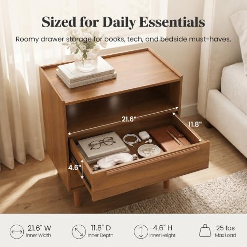 26 Inch Tall Warm Walnut Nightstand with Charging Station, 2 Drawers | 24 inch wide, 16 inch deep design with raised-edge tray top, open shelf, hidden storage, and mid century appeal - color: Warm Walnut