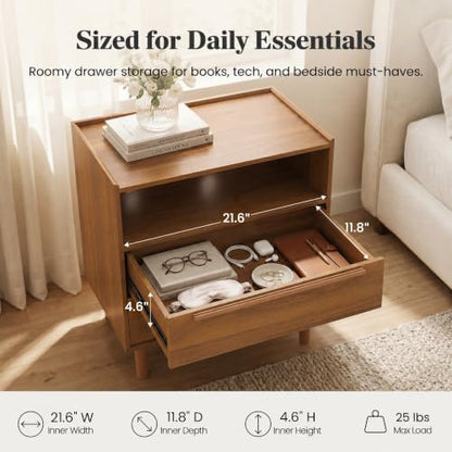 26 Inch Tall Warm Walnut Nightstand with Charging Station, 2 Drawers | 24 inch wide, 16 inch deep design with raised-edge tray top, open shelf, hidden storage, and mid century appeal - color: Warm Walnut