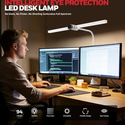 Honeywell HJ4 Desk Lamp with Clamp, Sunturalux™ Desk Lamps for Home Office | Dual-head White LED clamp desk lamp with flexible gooseneck, stepless dimming, 4 color temps, CRI 94, RG0 eye care. - color: White