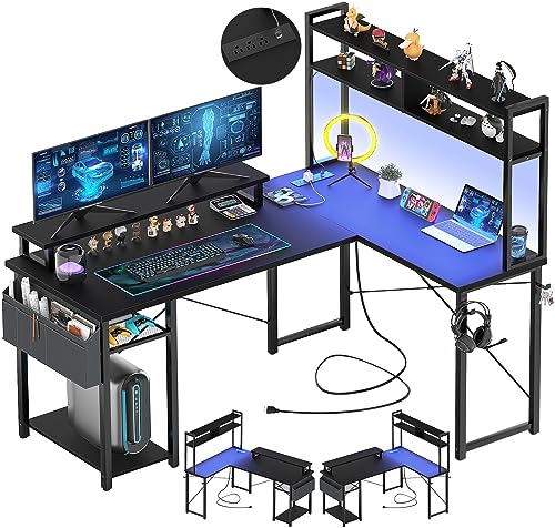 Aheaplus Small L Shaped Gaming Desk with LED Lights & Power Outlets, Reversible L-Shaped Computer Desk with Monitor Stand & Storage Shelf, Corner Desks Home Office Desk with Storage Bag, Black - color: Black