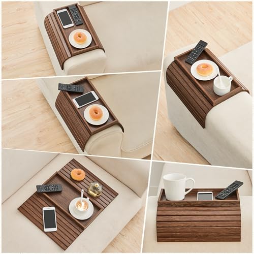 GEHE Bamboo Sofa Arm Tray, Foldable Couch Arm Tray Side Table, Anti-Falling Armrest Tables Cup Holder for Snacks, Drinks, Beers, Phone, Control, Flexible and Portable, Anti-Slip Bottom - color: Brown