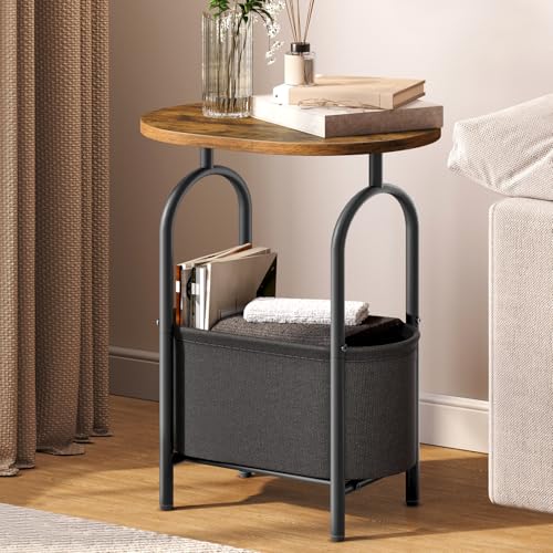 RALGEND Small Round Side Table with Fabric Basket Storage, Oval End Table for Small Spaces, Modern Coffee Bedside Table, Couch Side Table for Living Room, 15.7" X 11.8" X 24", Rustic Brown 8601BZBF - color: Rustic Brown and Black