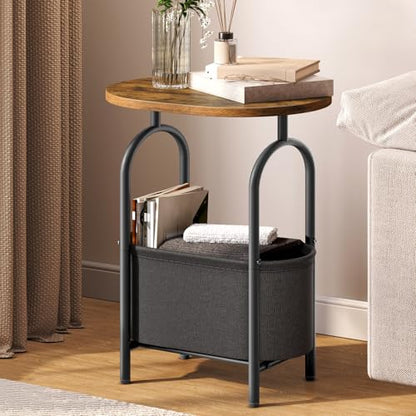 RALGEND Small Round Side Table with Fabric Basket Storage, Oval End Table for Small Spaces, Modern Coffee Bedside Table, Couch Side Table for Living Room, 15.7" X 11.8" X 24", Rustic Brown 8601BZBF - color: Rustic Brown and Black