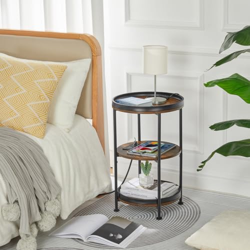 Dulcii Round Side Table with Charging Station, End Table with 3 Shelves for Living Room, Bedroom Nightstand for Small Spaces, Industrial Round Sofa Table with Steel Frame (USB+Rustic Brown) - color: Rustic Brown, style: With Outlets
