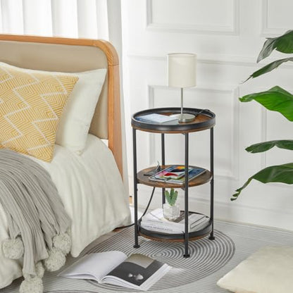 Dulcii Round Side Table with Charging Station, End Table with 3 Shelves for Living Room, Bedroom Nightstand for Small Spaces, Industrial Round Sofa Table with Steel Frame (USB+Rustic Brown) - color: Rustic Brown, style: With Outlets