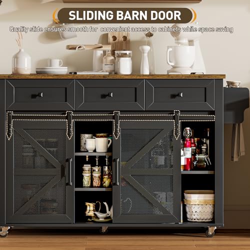Kitchen Island with Storage, 55" Kitchen Cart with Charging Station, Rolling Kitchen Island Table with Drop-Leaf, 3 Drawers, Barn Doors, Towel Rack and Spice Rack, Black and Rustic Brown - color: Black + Rustic Brown