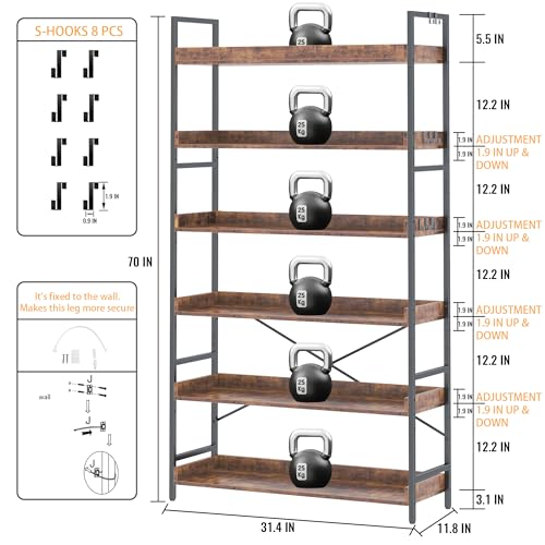HCHQHS Bookshelf, Adjustable Industrial Bookcase, Vertical Tall Book Shelf, Wood and Black Metal Open Bookshelves for Home Office, Living Room, Bedroom (Rustic Brown, 6-Tier (31" W x 70" H)) - color: Rustic Brown, size: 6-Tier (31"W x 70"H)