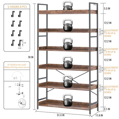 HCHQHS Bookshelf, Adjustable Industrial Bookcase, Vertical Tall Book Shelf, Wood and Black Metal Open Bookshelves for Home Office, Living Room, Bedroom (Rustic Brown, 6-Tier (31" W x 70" H)) - color: Rustic Brown, size: 6-Tier (31"W x 70"H)