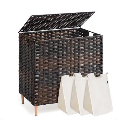 SONGMICS 3-Section Laundry Hamper with Lid, 42.2 Gal (160L) PE Rattan Laundry Basket with Removable Washable Liners, for Bedroom & Living Room, Chestnut Brown ULCB223ME01 - color: Chestnut Brown, size: 160 L (3 Basket)