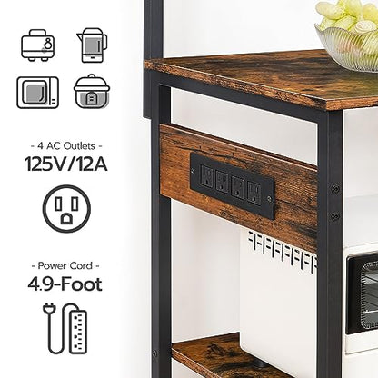 HOOBRO Large Bakers Rack with Power Outlets, 6-Tier Microwave Stand with 4 Hooks, Coffee Bar, Kitchen Shelf with Wire Basket, for Kitchen, Living Room, Office, Rustic Brown and Black BF64UHB01 - color: Rustic Brown + Black