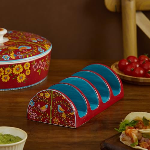 Bico Red Spring Bird Ceramic Taco Holder, Taco Stand Rack Tray, Microwave and Dishwasher Safe - color: Red Spring Bird
