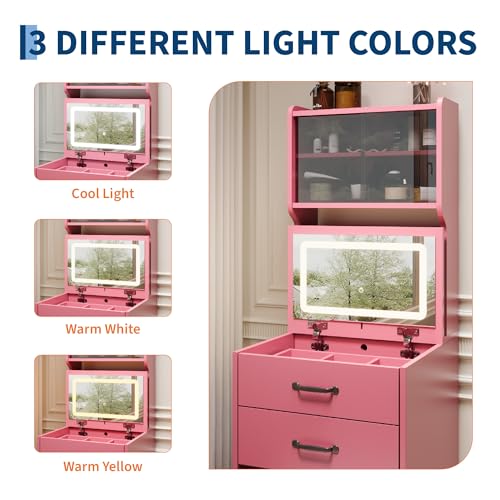 Garvee 3 in 1 Vanity Desk with 3 Color LED, Compact Makeup Vanity Set with 2 AC Outlets & USB, Dressing Table with Drawers & Acrylic Doors, Nightstand Vanity Mirror, Jewelry Box, Hidden Chair, Pink - color: Pink