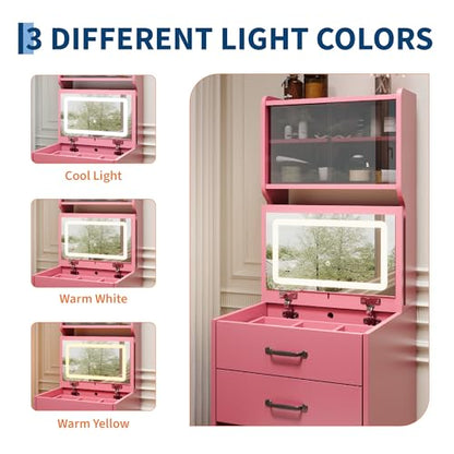 Garvee 3 in 1 Vanity Desk with 3 Color LED, Compact Makeup Vanity Set with 2 AC Outlets & USB, Dressing Table with Drawers & Acrylic Doors, Nightstand Vanity Mirror, Jewelry Box, Hidden Chair, Pink - color: Pink