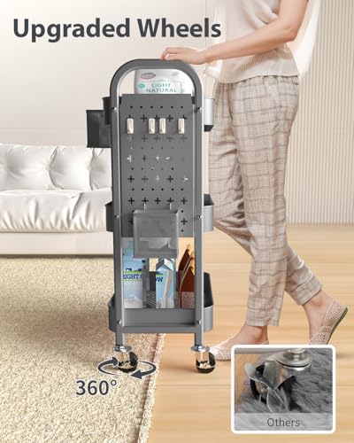 ALVOROG 3 Tier Rolling Cart with DIY Pegboards Metal Utility Cart with Wheels Handles Baskets Hooks, Storage Cart for Office Kitchen Bathroom(Gray) - color: Grey