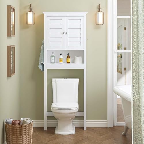Spirich Over The Toilet Storage Cabinet with Louvered Doors & Hooks, White | Space-Saving Bathroom Organizer, Adjustable Shelf & Bottom Crossbar, 34.4-Inch Clearance, Anti-tip Device, FSC-Certified MDF - style: Louvered Door