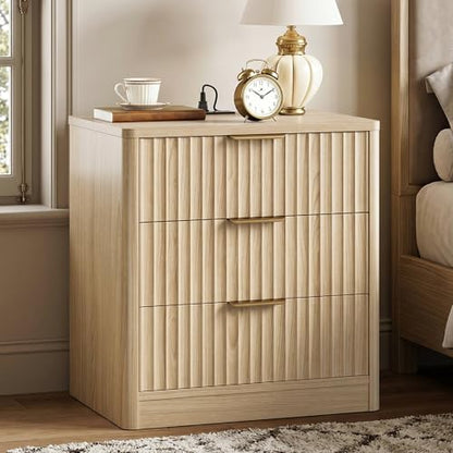 IRONCK Fluted Night Stand Set of 2, 22" Modern Nightstand with Charging Station & 3 Drawers, Bedside Table for Bedroom, Natural Oak