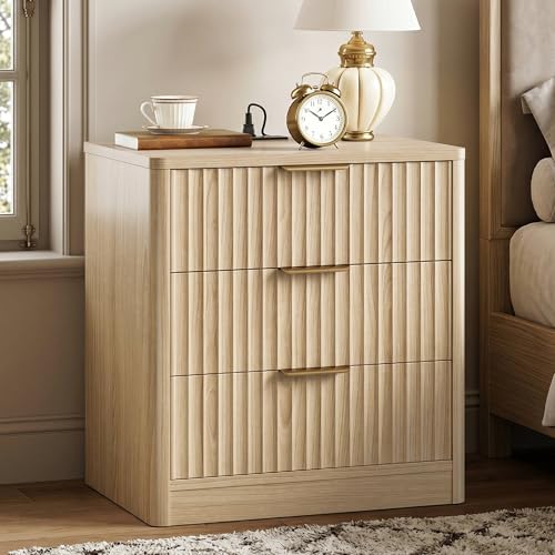 IRONCK Fluted Night Stand Set of 2, 22" Modern Nightstand with Charging Station & 3 Drawers, Bedside Table for Bedroom, Natural Oak