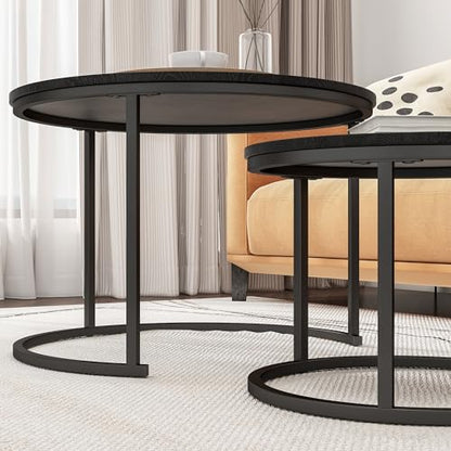 HOJINLINERO Round Nesting Coffee Table Set of 2,Wood Cocktail Table,Black | Center Table for Living Room,Small Apartment,Small Space,Side Tables,Easy Assembly,Sturdy Metal Frame Wooden Tabletop,Large - color: Black, size: Large